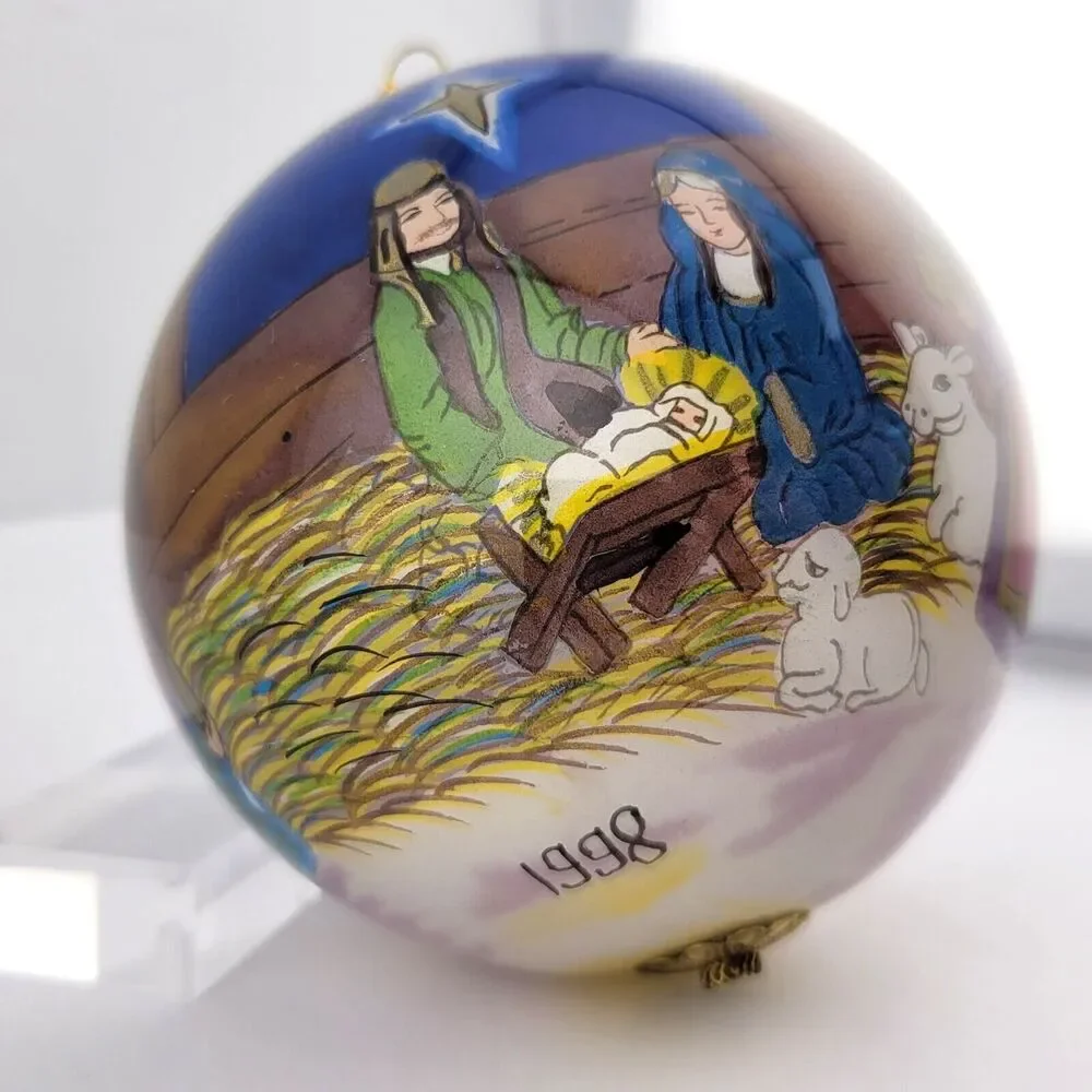 1998 Reverse Hand Painted Jesus Manger Joseph Mary Nativity Christmas Ornament